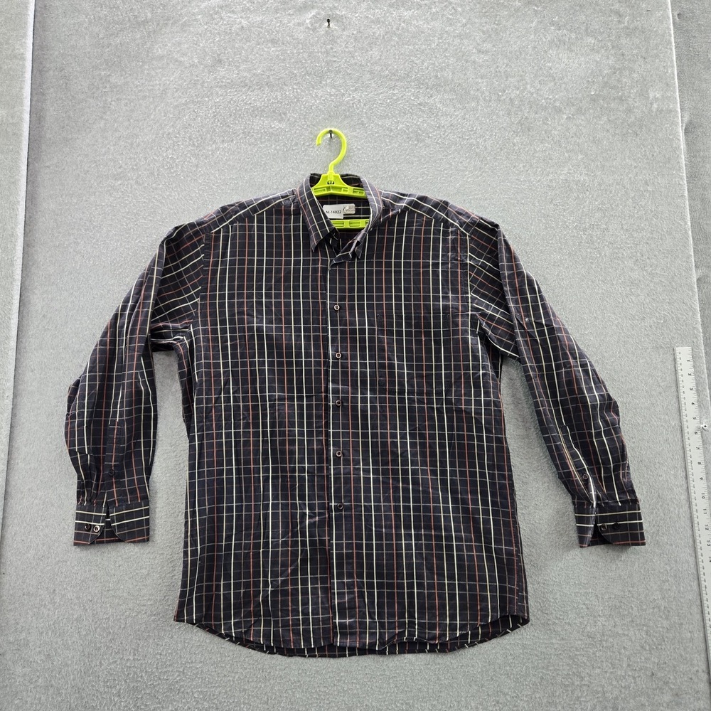 St. Croix Men Button Up Shirt L Navy Plaid Long‎ Sleeve Made In Italy
